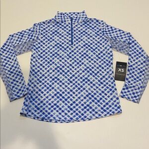 IBKUL Vibrant Blue Gingham Mock Neck Quarter Zip Shirt